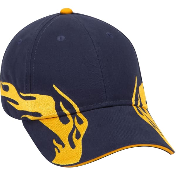 A navy baseball cap with yellow flame graphics and a logo on the front. It features a low profile design.