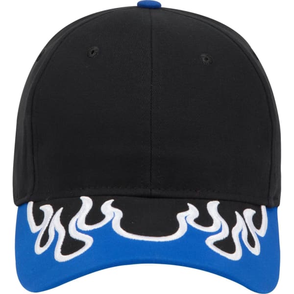 A black and blue 6 panel low-profile baseball cap featuring flame designs on the front. It has a logo on the side.