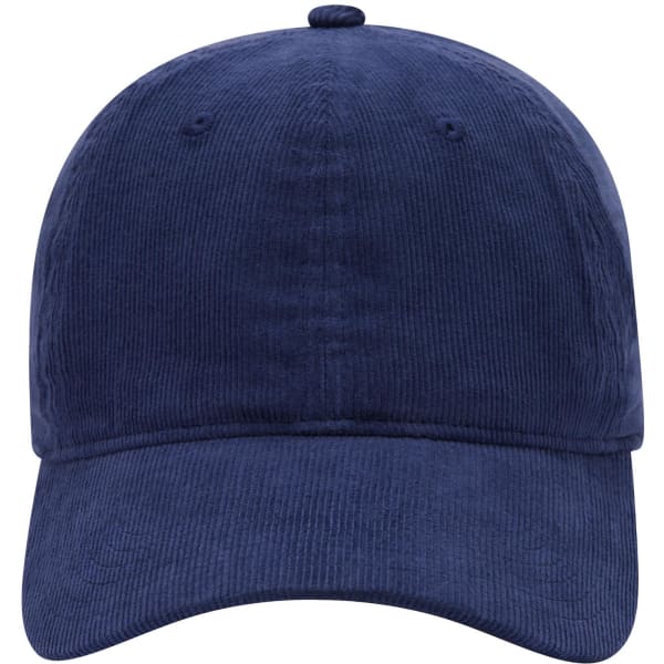 A navy blue 6 panel low profile baseball dad cap with a structured brim and a logo.
