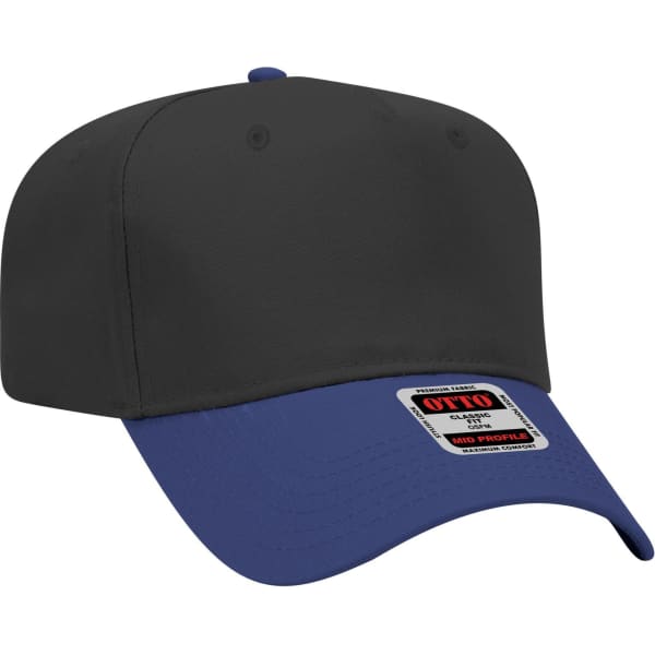 A 5-panel mid crown baseball cap in black and blue with a logo on the front.