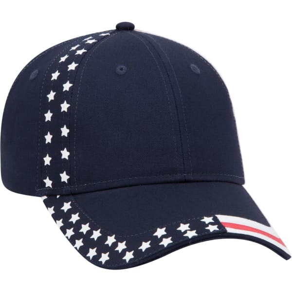 A navy blue baseball cap featuring a pattern of white stars and red, white, and blue stripes. It has a logo.