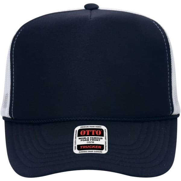 A navy blue 5 panel high crown trucker cap with mesh sides and a logo patch on the front.