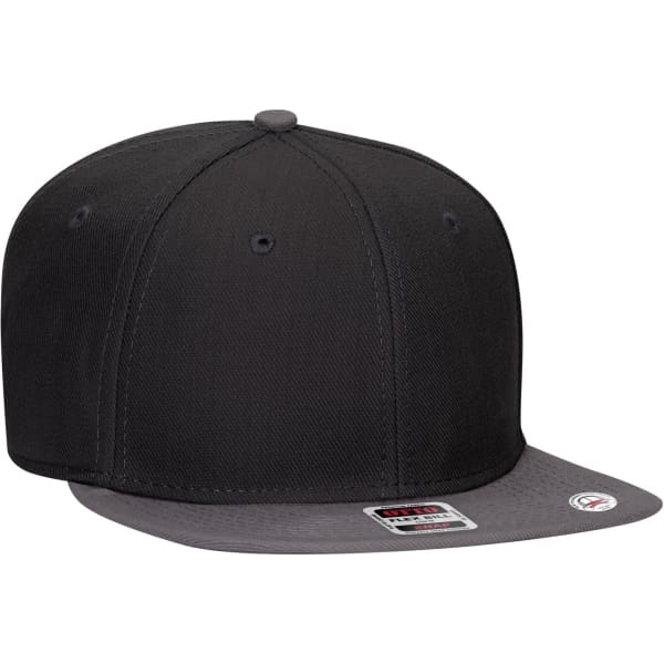 A black snapback cap with a grey undervisor and a branded logo. It features a six-panel design.