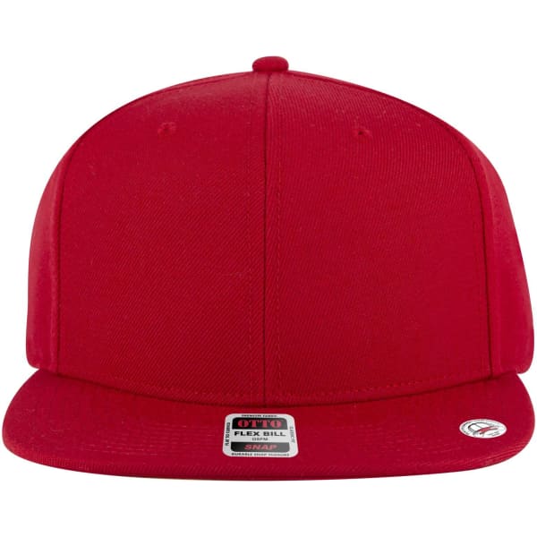 A red 6 panel mid-profile snapback cap with a flat bill and a logo on the side.