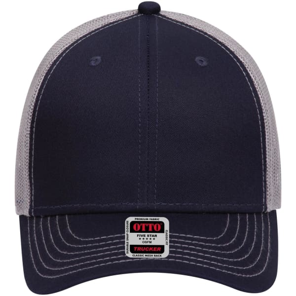 A navy and grey 6 panel low profile trucker cap with mesh back and a label on the front.