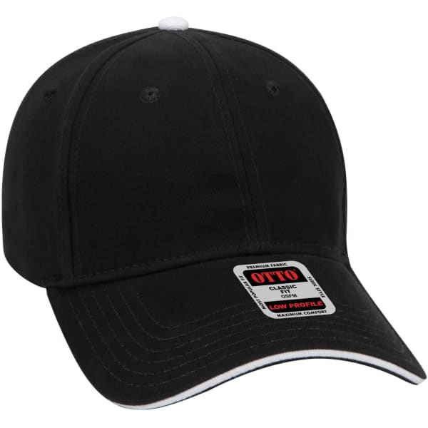 A black 6 panel low profile baseball cap with a white accent and a branded tag.