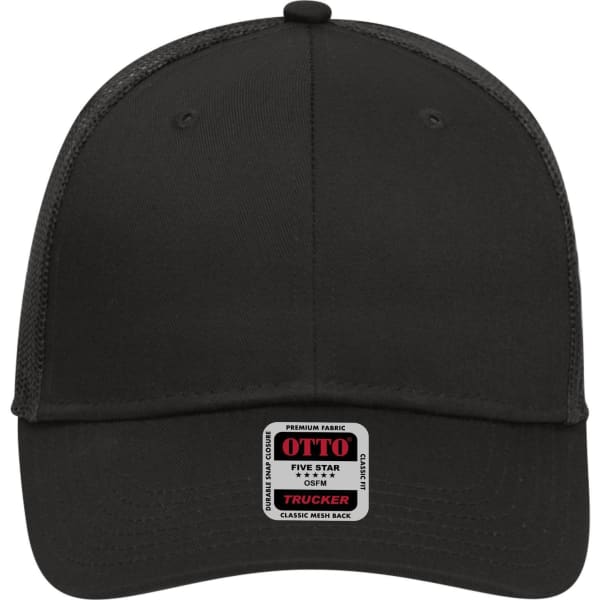 A black 6 panel low profile trucker cap with a mesh back and a logo label on the front.