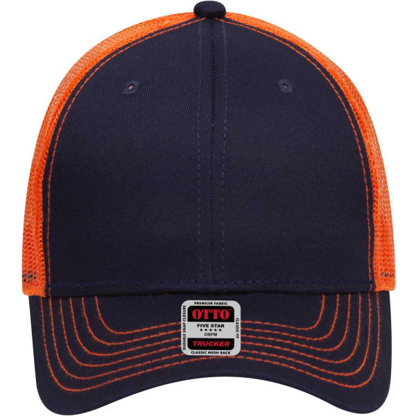 A navy and orange 6 panel low profile trucker cap with a mesh back and a branded label on the underside of the brim.
