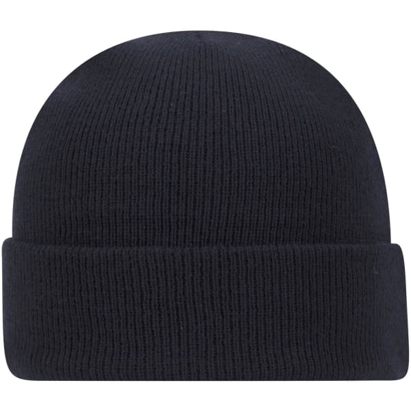 A dark navy blue knit beanie with a ribbed texture and a folded cuff, featuring a logo on the side.