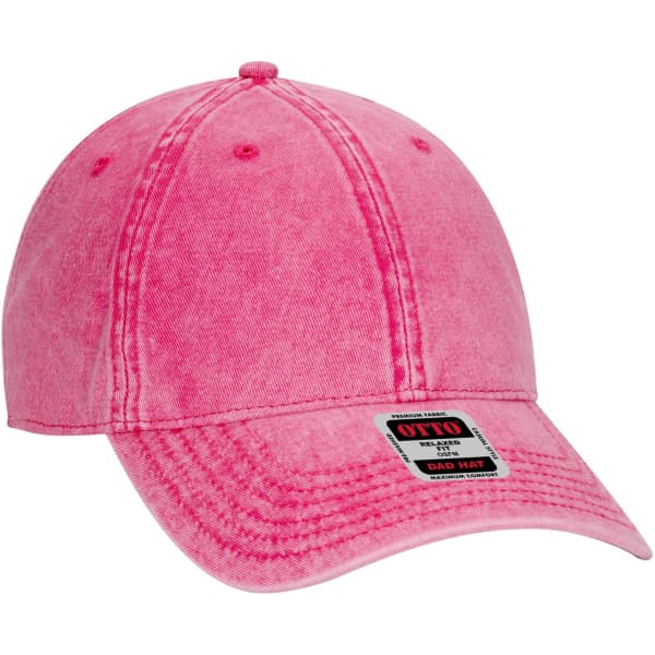 A pink 6-panel low profile dad cap with a curved brim and a logo on the side.