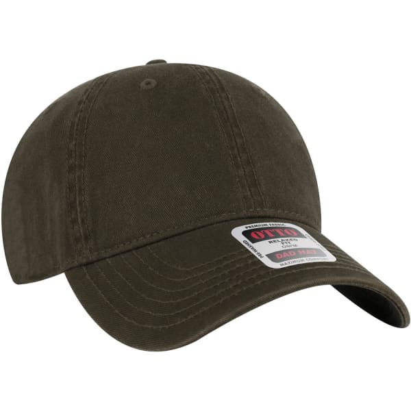 A dark olive green 6 panel low profile dad cap with a curved brim and a logo on the front.