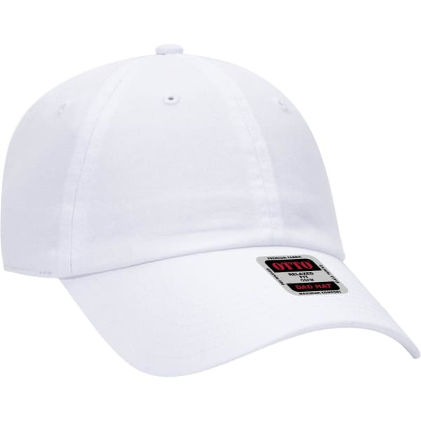 A white six-panel low profile dad cap with a logo on the front. Suitable for casual wear.