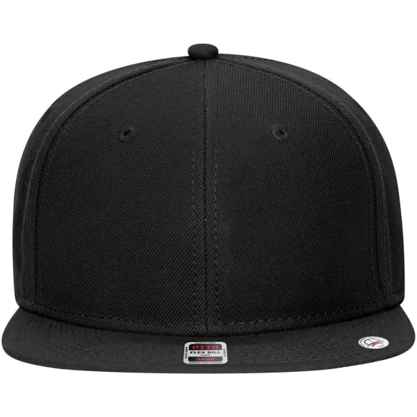 A snapback cap in solid black with a grey undervisor. Features stitching and a logo on the side.