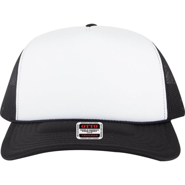 A high crown trucker cap featuring a white front and black mesh sides, with a small logo patch at the front.