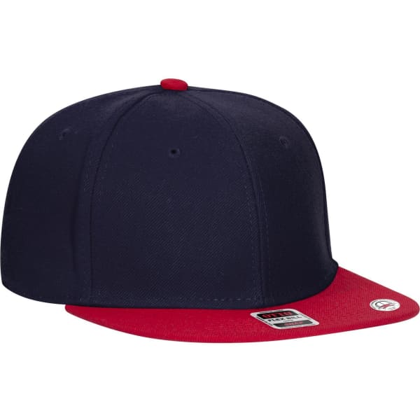 A navy blue cap with a red brim, featuring a logo on the side and a flat peak design.