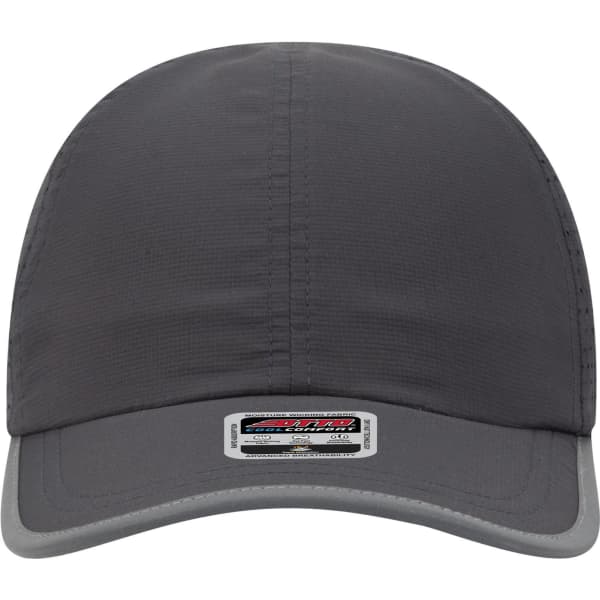 A grey reflective six-panel running cap featuring a curved brim and a logo on the front.
