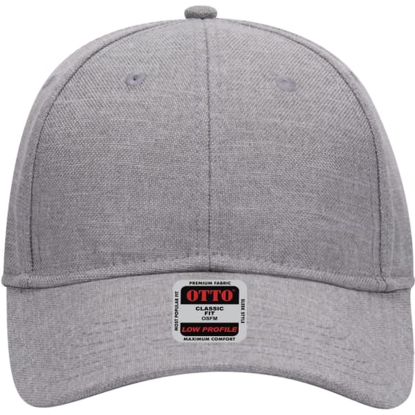 A grey 6 panel low profile baseball cap featuring a branded label on the front.