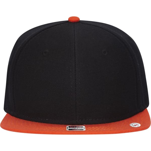 A snapback cap in black with an orange undervisor, featuring a logo on the side.