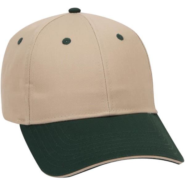 A beige baseball cap with a dark green visor and button, featuring an embroidered logo on the front.