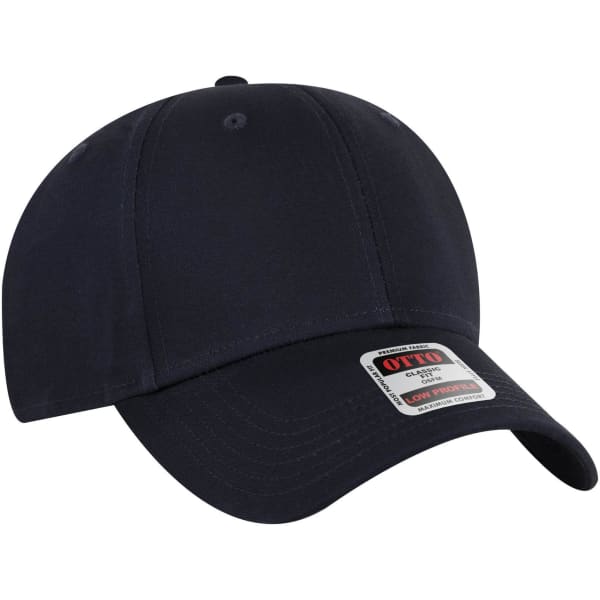 A navy blue 6 panel low profile baseball cap with a logo on the front.