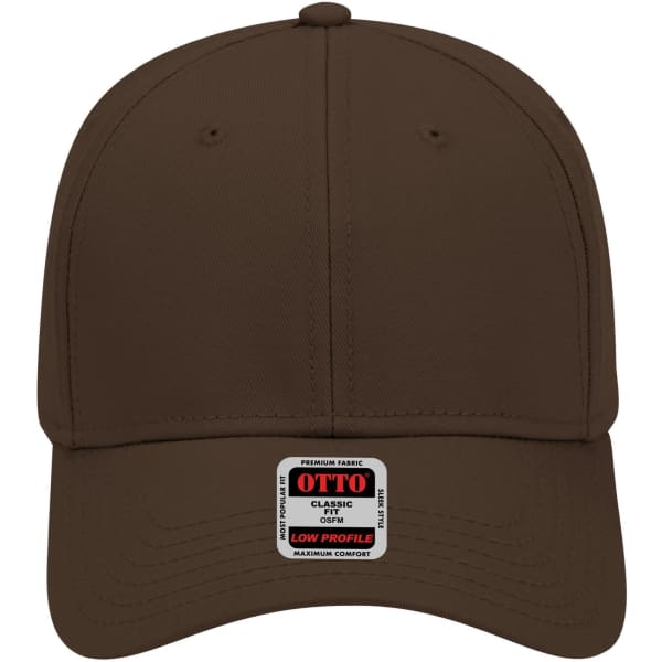 A brown low profile baseball cap featuring a logo and a tag indicating style information.