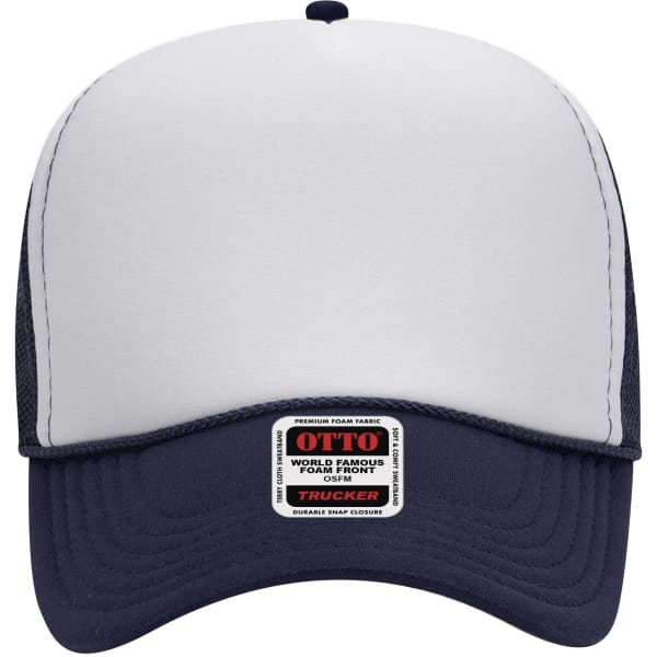 A five-panel mid-profile trucker cap in navy and white with a branding label on the front.