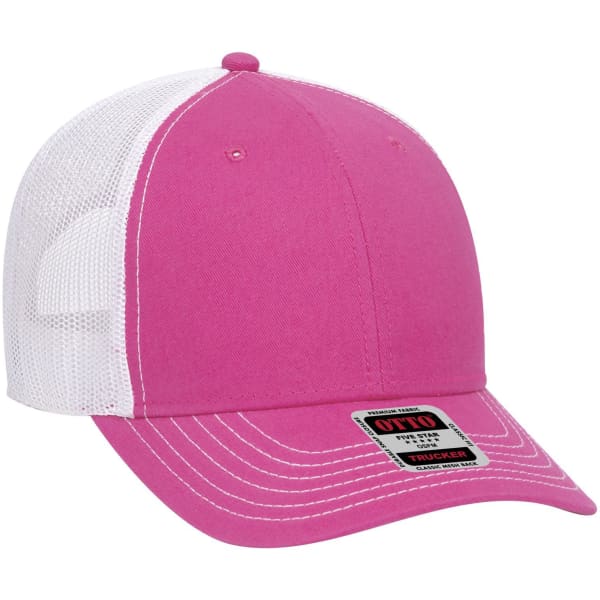 A pink 6-panel low profile trucker cap with white mesh on the back and a branded sticker attached.