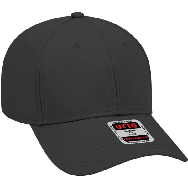 A black 6-panel low-profile baseball cap featuring a logo on the front.