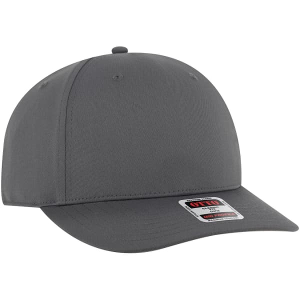 A grey seamless 6 panel mid-profile baseball cap with a logo on the front.