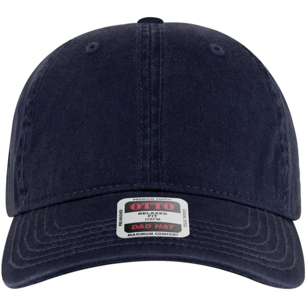 A navy blue 6-panel low profile dad cap with a round logo on the front and ventilation eyelets.