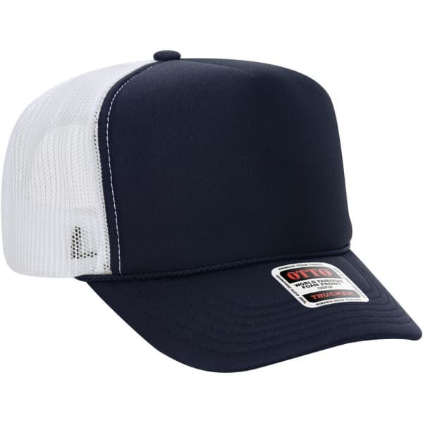 A navy and white 5 panel high crown trucker cap with a mesh back and a prominent logo on the front.