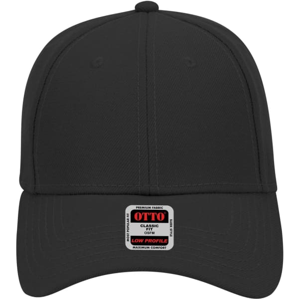 A black 6-panel low profile baseball cap featuring a structured design and a logo on the front.
