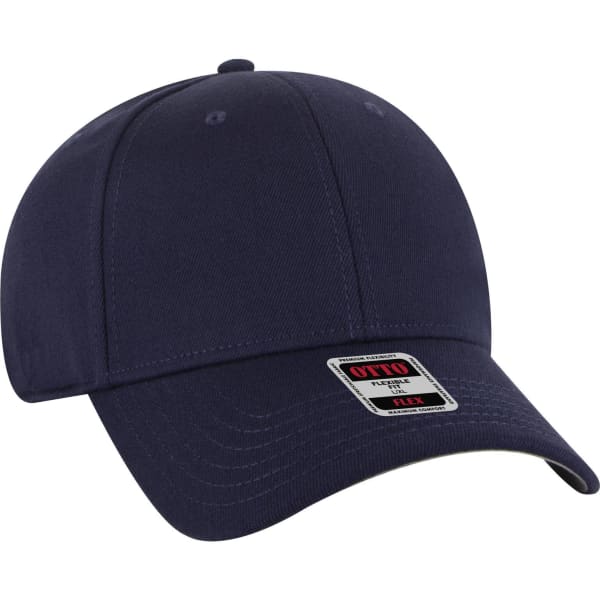 A navy blue 6 panel low profile baseball cap with a branded tag on the front.