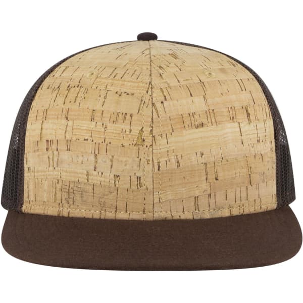 A 6 panel mid profile trucker cap featuring a cork front and brown mesh back. It has a flat brim and a logo.