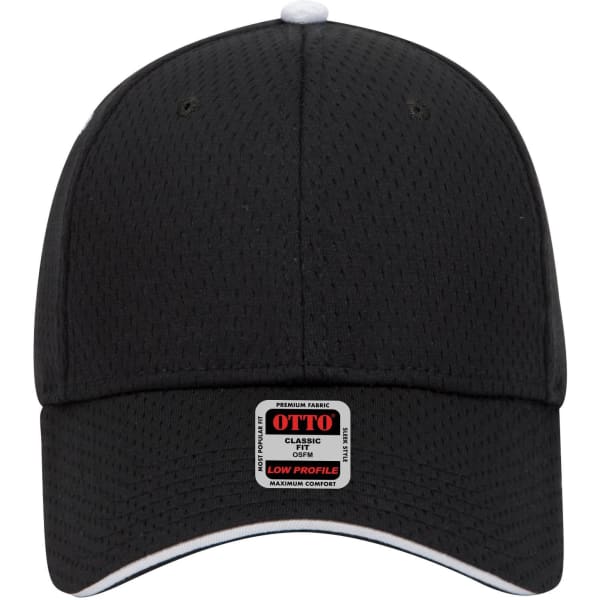 A black 6 panel low profile baseball cap with a logo and contrasting trim.