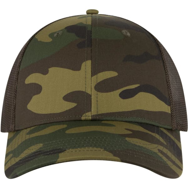 A camo-patterned low profile trucker cap in green and brown, featuring a mesh back and a logo.