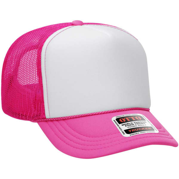 A pink 5 panel high crown trucker cap with a white front and a mesh back, featuring a logo.
