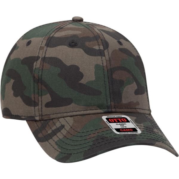 A camouflage 6-panel low profile baseball cap in shades of green and brown with a logo on the front.