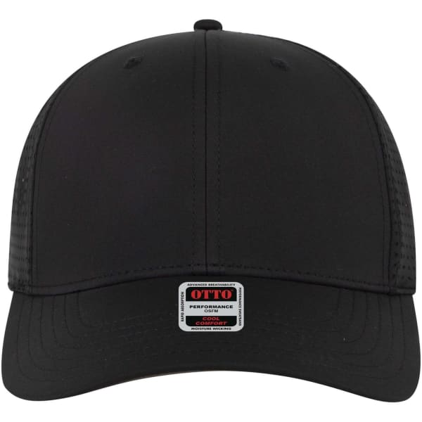 A black 6 panel mid profile style baseball cap featuring a mesh back and a logo tag at the front.
