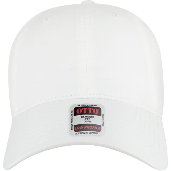 A white 6-panel low profile baseball cap with a label and logo on the brim.