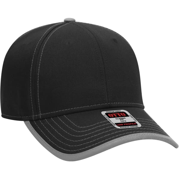 A black 6 panel low profile baseball cap with a grey brim and a logo on the side.