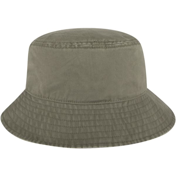 A khaki bucket hat featuring a wide brim and a textured fabric, complete with a logo.