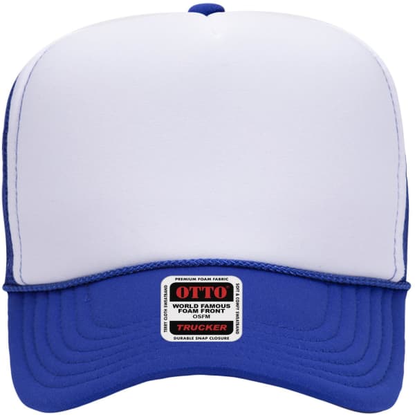 A blue and white 5 panel high crown trucker cap with a logo on the front.