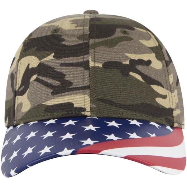 A camouflage baseball cap featuring a visor with an American flag design and a logo.