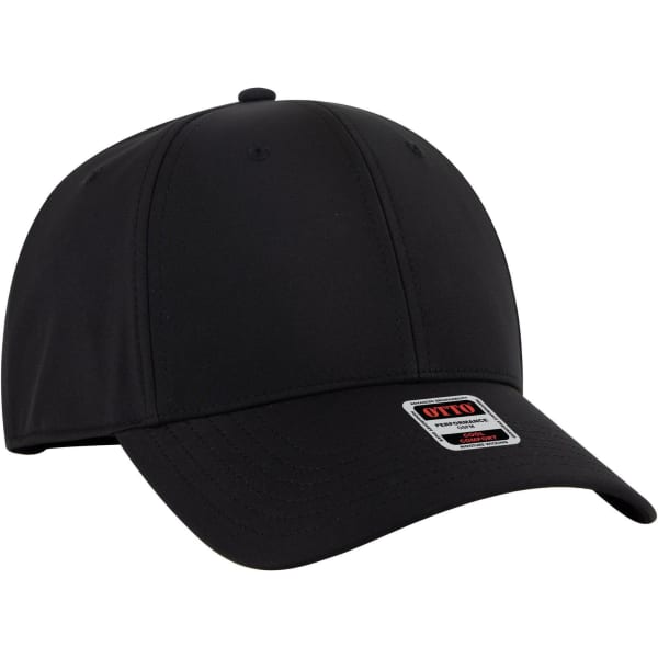 A black 6 panel low profile style baseball cap with a logo on the front and a curved brim.