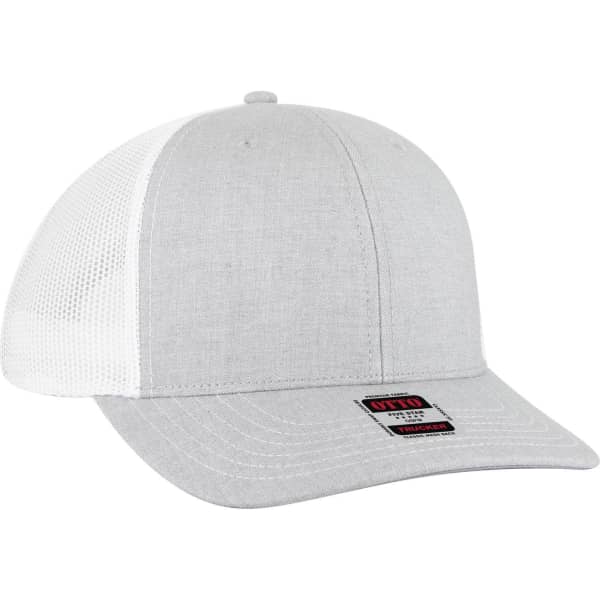 A grey mid-profile trucker cap featuring a mesh back and a branded patch on the front.
