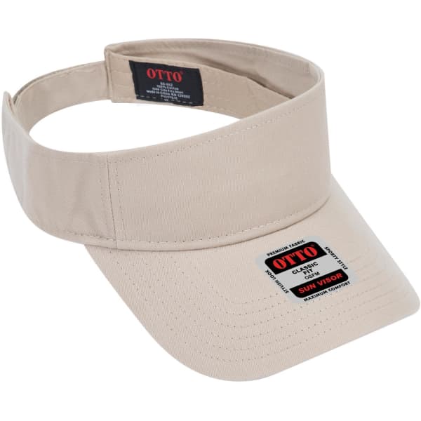 A beige sun visor with a wide brim and an adjustable band, featuring a logo on the front.
