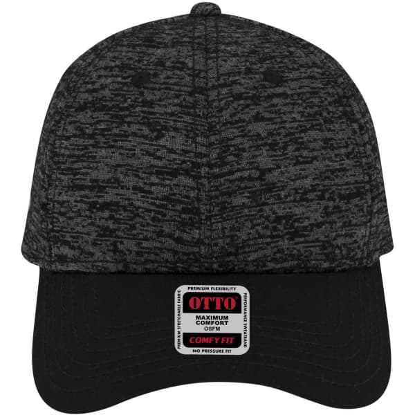 A dark grey and black 6-panel low profile baseball cap with a logo on the front.