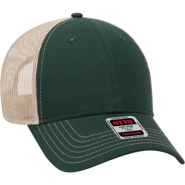 A green low profile trucker cap with a beige mesh back and a logo on the front.