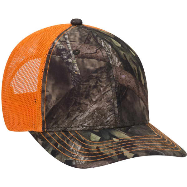 A camouflage 6-panel low profile baseball cap with an orange mesh back and intricate nature patterns. It features a logo.